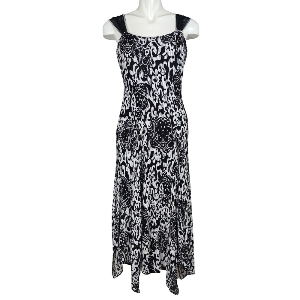 Joseph Ribkoff Women's Black White Graphic Knit Handkerchief Hem Dress 14